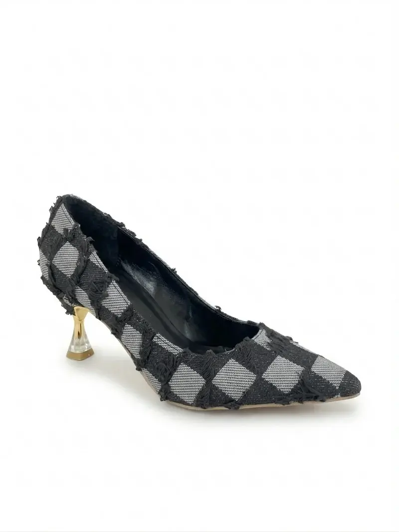 Elegant Checkered Pattern Heels with Luxe Touch C-101