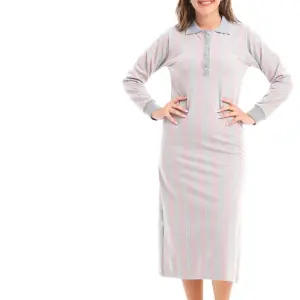 Classic Striped Long Nightgown with Collar – Soft Cotton Comfort