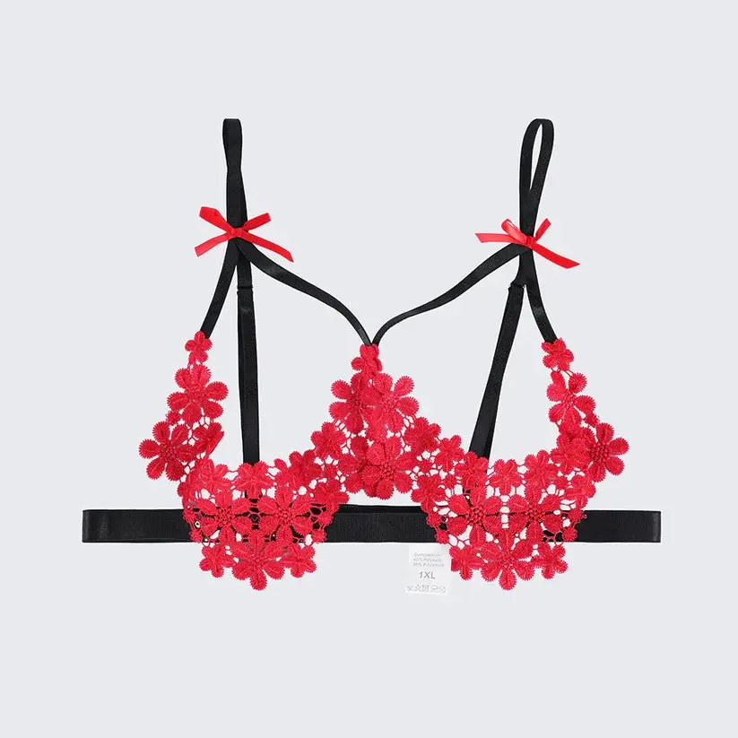 Plus Size Sexy Floral Open Bust Bra Thong Three Point Lingerie Set