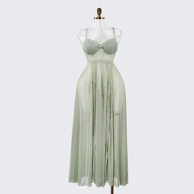Elegant Seductive Mesh Embroidered Spaghetti Strap Long Dress