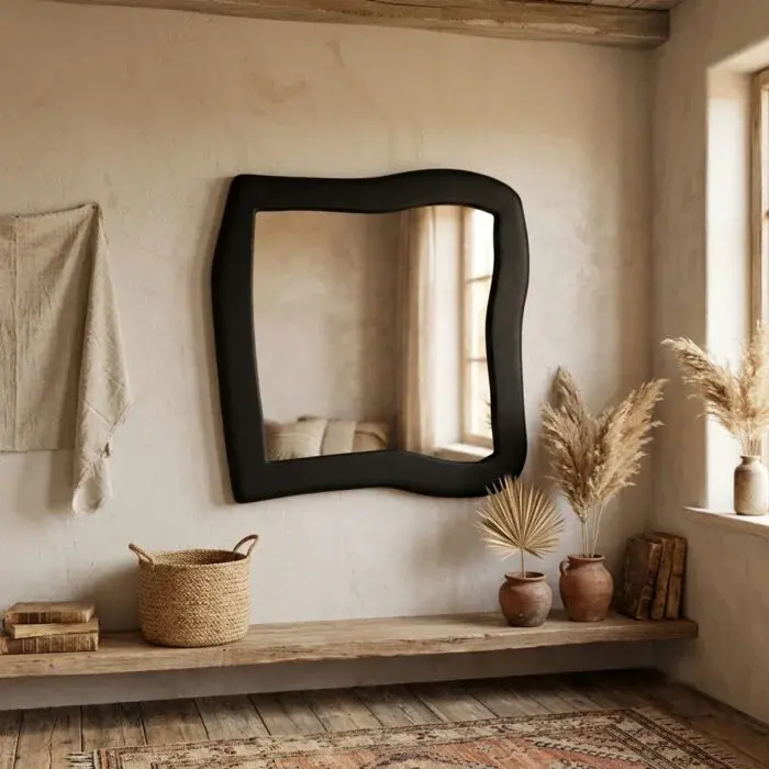 Handmade Organic Boho Wall Mirror with Black Frame