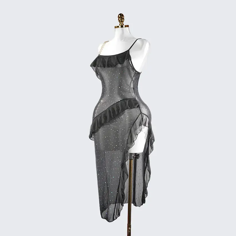 Sparkly Spaghetti Strap Mesh Ruffled Sheer Nightwear Dress Lingerie