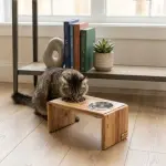 Modern Boho Wooden Pet Bowl Holder – Water-Resistant Raised Feeder for Cats and Small Dogs