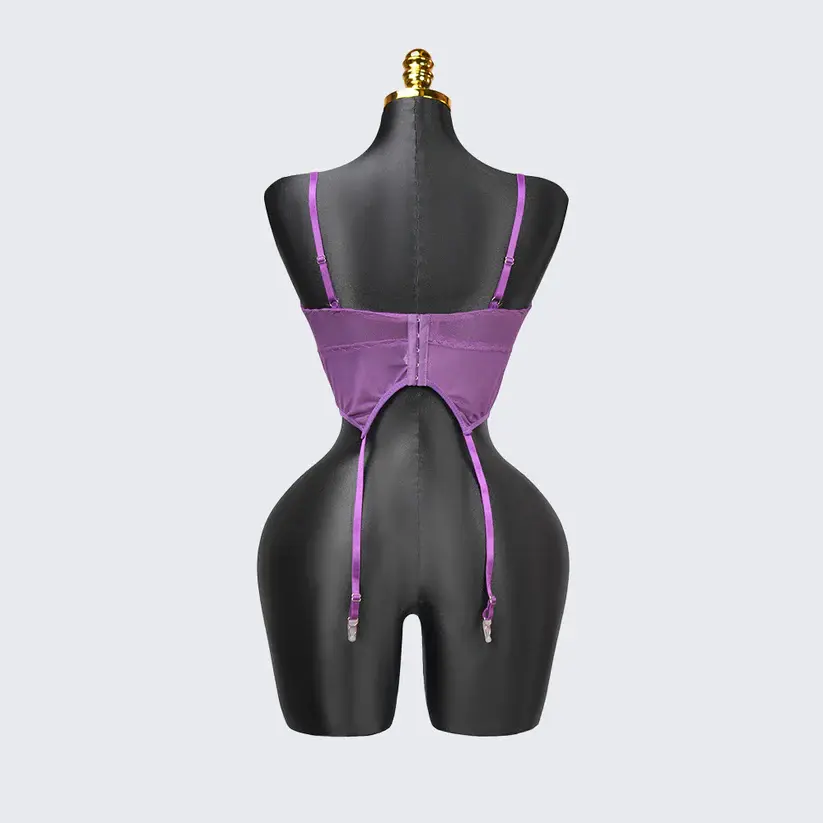 Purple Lace Embroidered Stockings Bra Panty Set