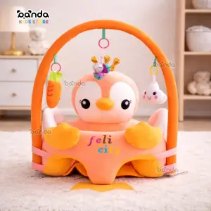 كرسي مخدة تعليم جلوس للاطفال مع بار العاب شكل كتكوت برتقالي