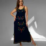 Sleeveless Black Maxi Dress with Colorful Geometric Embroidery