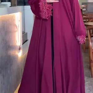 Burgundy Abaya with Floral Embroidery & Crystal Cuffs - Classic Elegant Cut