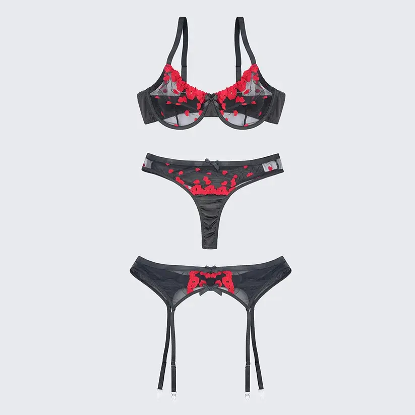 Sexy Heart Print Lace Cutout Three-Piece Lingerie Set