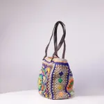 Handmade Crochet Granny Square Tote Bag with Mandala Design & Leather Handles