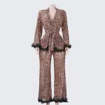 Leopard Contrast Cuffs 2 Piece Silky Pajama Set