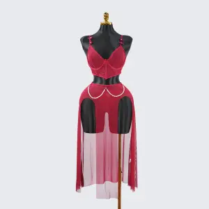 Red Sheer Mesh Lingerie Bra Panty Dress Set