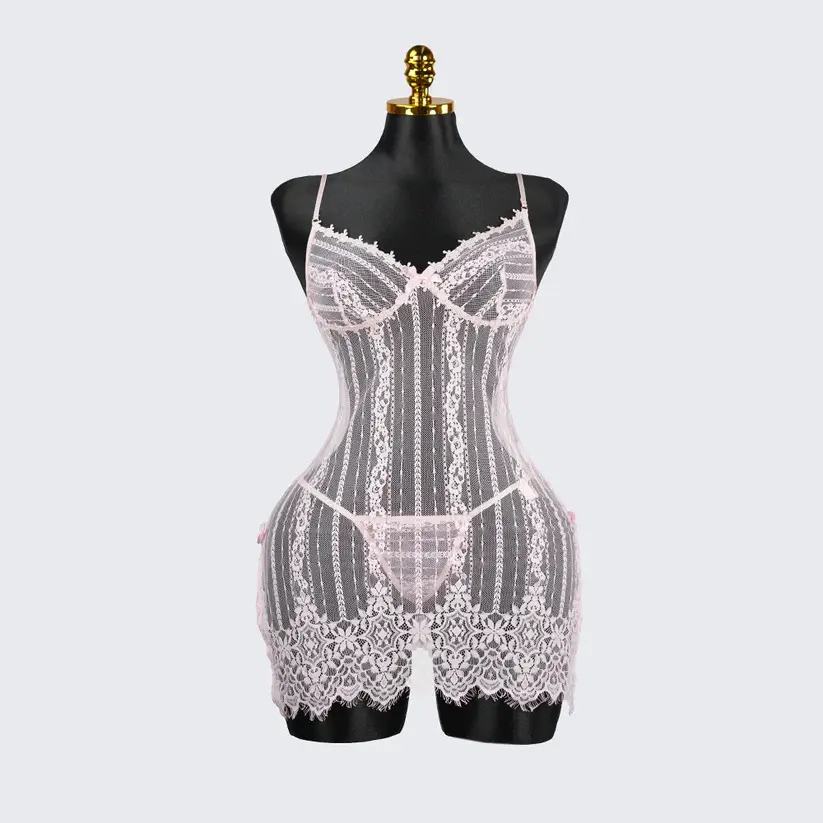 Sheer Pink Lace Chemise Slip Dress