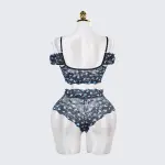 Blue Butterfly Print Sheer Black Mesh Bra Panty Set