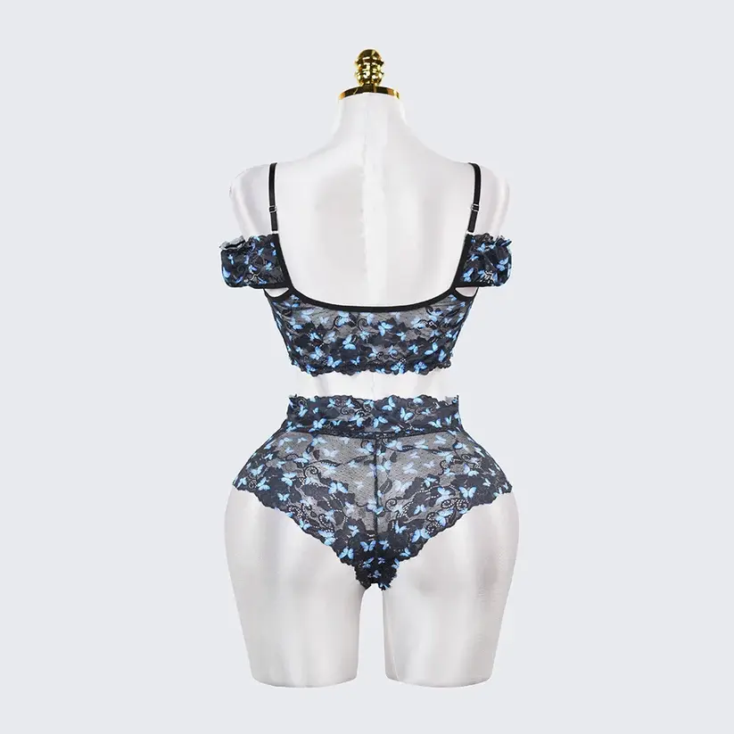 Blue Butterfly Print Sheer Black Mesh Bra Panty Set