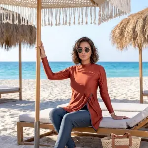 Rust Modest Swimwear Top & Grey Leggings Set