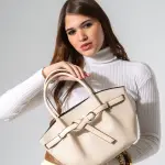 Belted Pebbled Hand Bag - beige