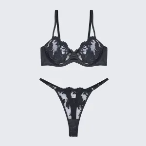 Sexy Mesh Embroidered See-Through Bra Thong Lingerie Set