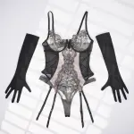 Lace Floral Embroidered Bodysuit Gloves Set