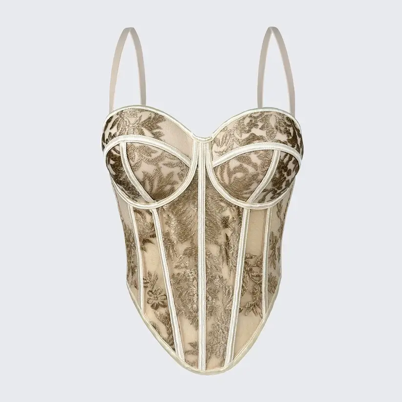 Embroidered Boned Corset Top Built-in Pad Sheer Bustier Camisole
