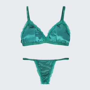 Green Lace Trim Push Up Bra Panty Set