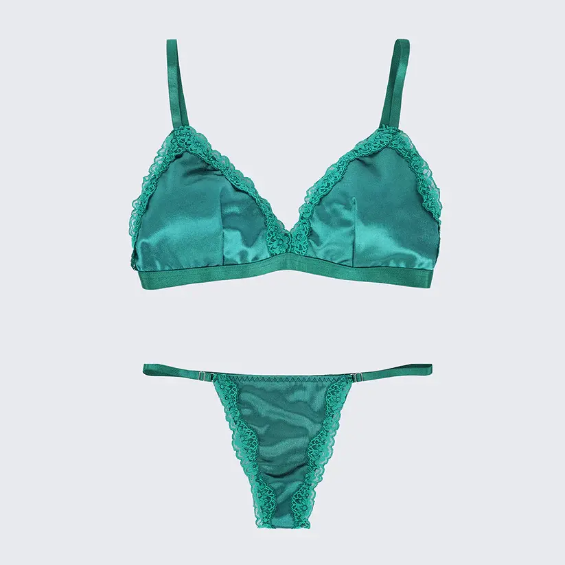 Green Lace Trim Push Up Bra Panty Set