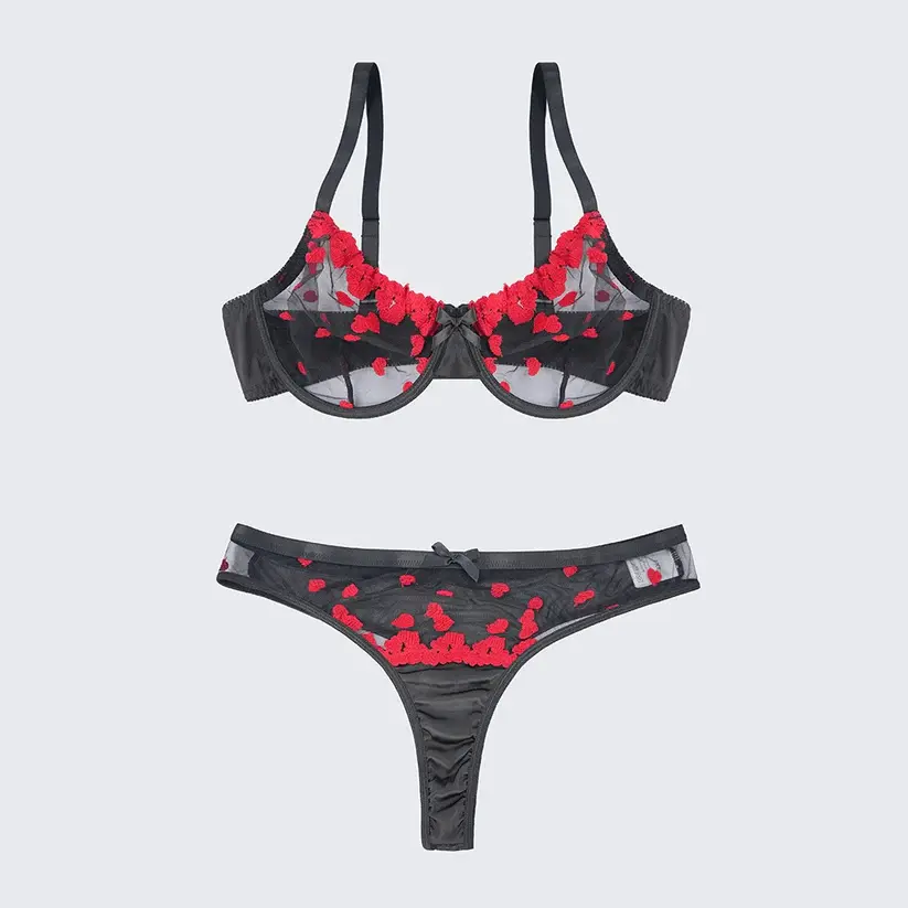 Sexy Heart Print Lace Cutout Three-Piece Lingerie Set
