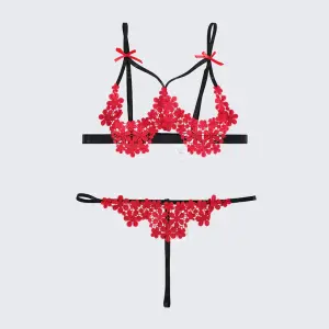 Plus Size Sexy Floral Open Bust Bra Thong Three Point Lingerie Set