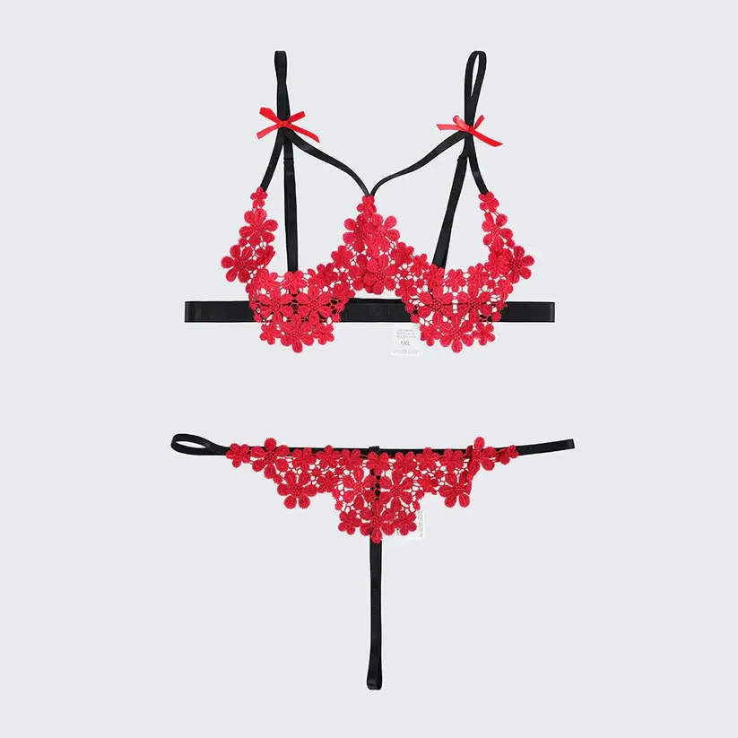 Plus Size Sexy Floral Open Bust Bra Thong Three Point Lingerie Set