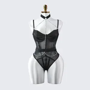 Lace See-Through Metal Chain Bodysuit