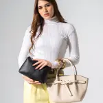 Belted Pebbled Hand Bag - beige