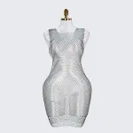 Rhinestone Crystal Square Neck Sleeveless Fishnet Dress