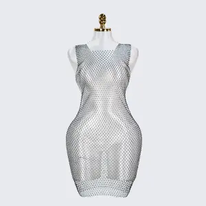 Rhinestone Crystal Square Neck Sleeveless Fishnet Dress