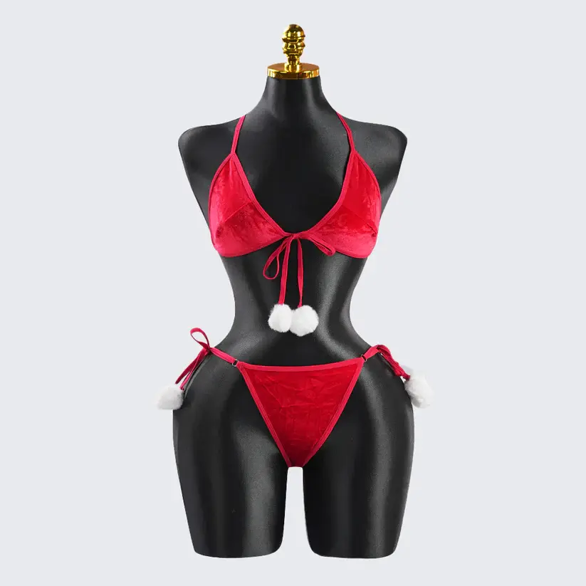Red Velvet Pom-Pom Embellishment Bra & Panty Set