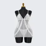 Lace Embroidery Deep V See-Through High Slit Babydoll Thong Set