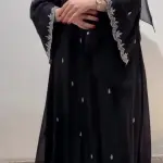Black Evening Abaya with Silver Bottom Crystal Beading - Flowy Cloche Cut