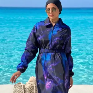 Galaxy Purple Zip Burkini Tunic & Black Leggings Set