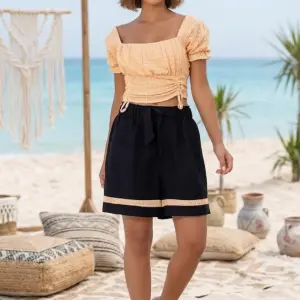Peach Eyelet Crop Top & Black Trim Shorts Set