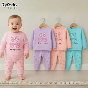 بيجامة قطن بيتي طباعة دبدوب كرز فيونكة ، فيوتشر