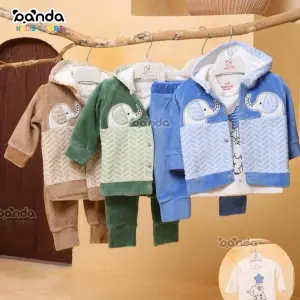 ترنج ٣ قطع قطيفة شتوي جاكيت وتيشرت وبنطلون تطريز فيل