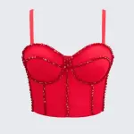Boned Corset Outerwear Rhinestone Bead Spaghetti Strap