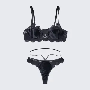 Velvet Lace Trim Sexy Plush See Through Push Up Bra Panty Set