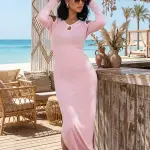 Powder-Pink Contrast Trim Cutout Maxi Dress