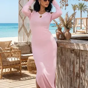 Powder-Pink Contrast Trim Cutout Maxi Dress