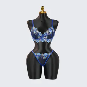 Blue Floral Lace Embroidered See-through Bra