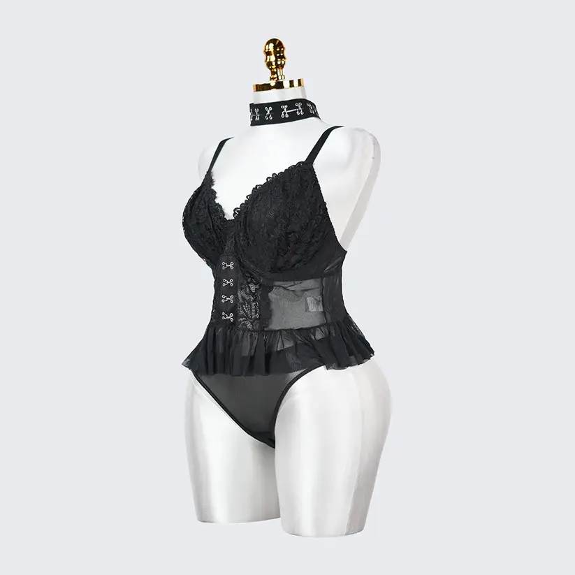 Plus Size Lace Sheer Ruffle Tummy Control Lingerie Set
