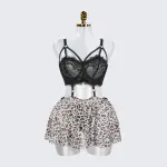 Plus Size Lace Push Up Bra Leopard Skirt Set