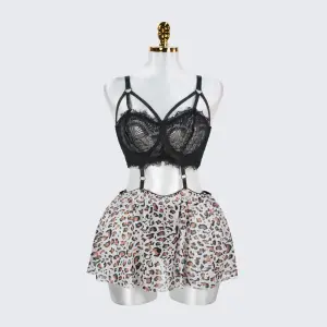Plus Size Lace Push Up Bra Leopard Skirt Set