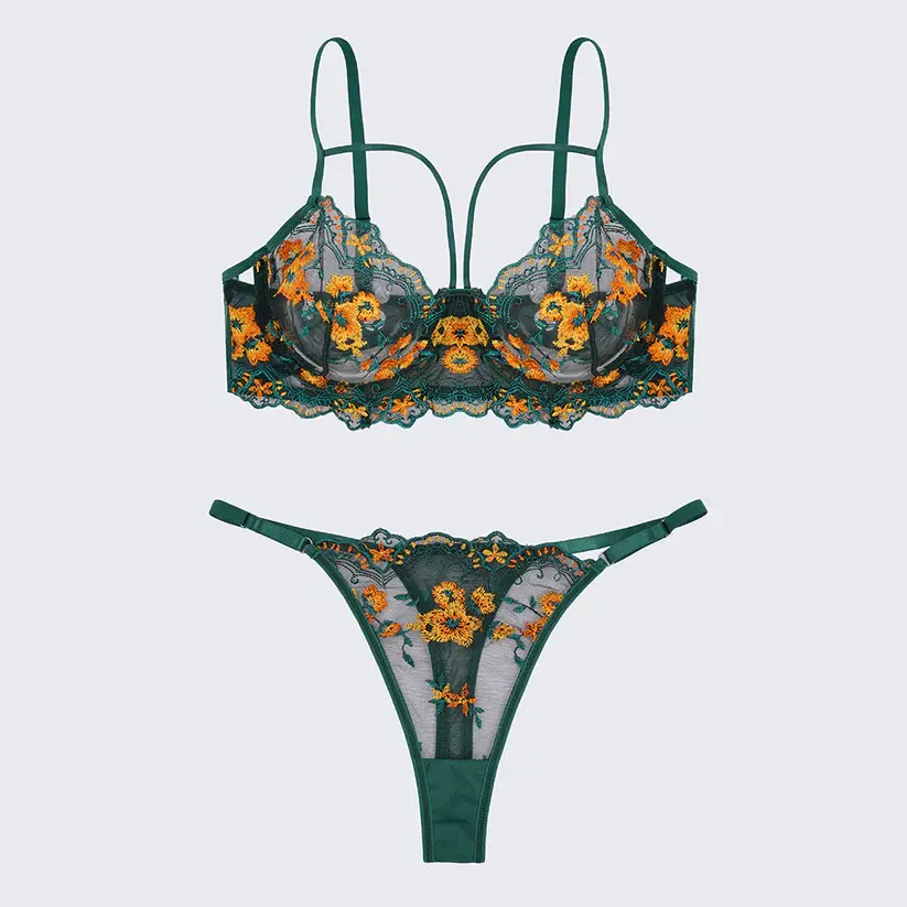 Floral Embroidery Pure & Seductive Bra Thong Lingerie Set