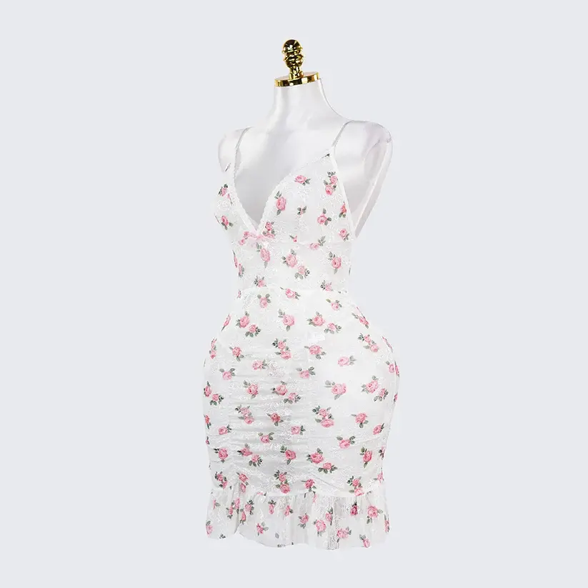 Deep V Rose Print Chemise Spaghetti Strap Slip Dress