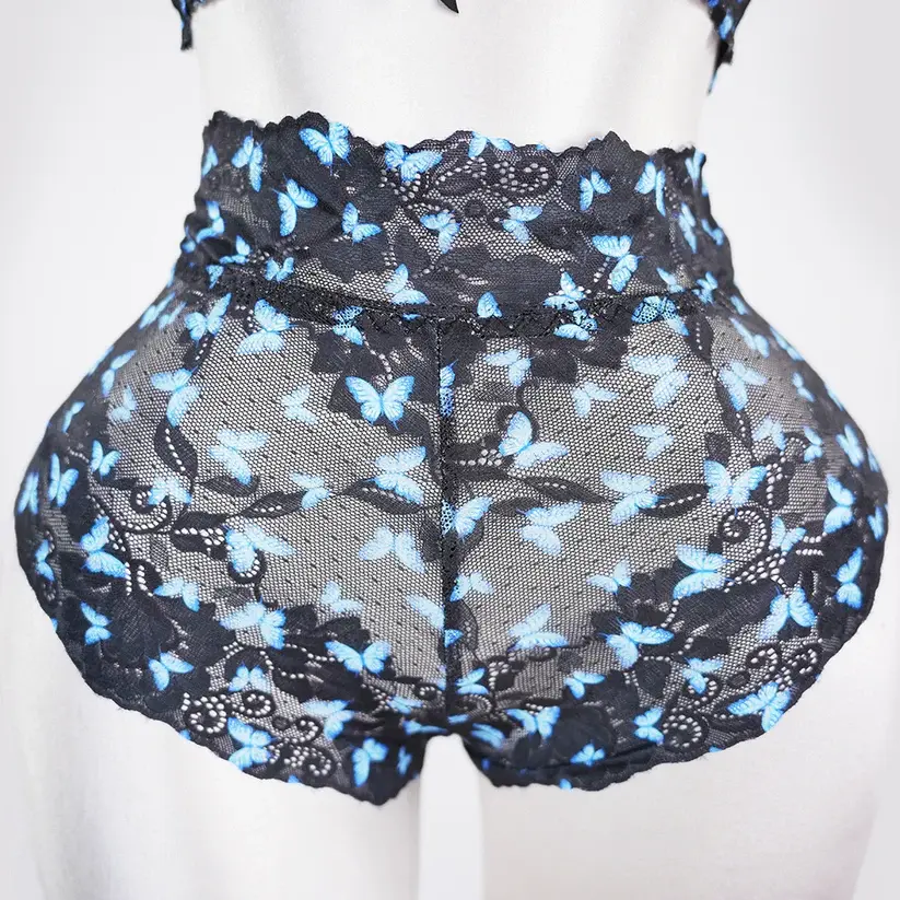 Blue Butterfly Print Sheer Black Mesh Bra Panty Set